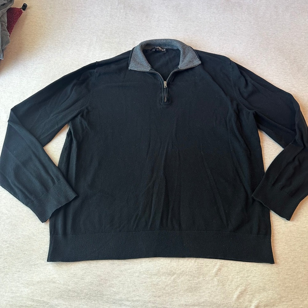Express Mens XL Black Quarter Zip Cotton Blend Sweater Striped Collar Mock Neck